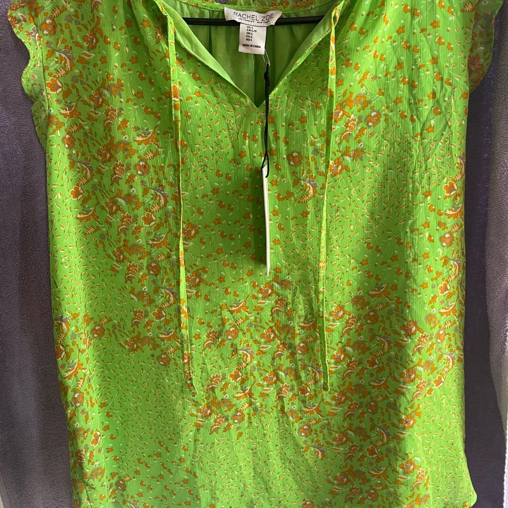 Rachel Zoe Lime Green and Orange Floral Blouse